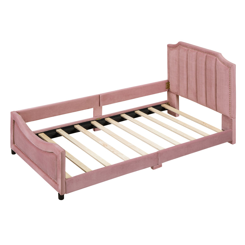 Twin Size Upholstered Daybed with Classic Stripe Shaped  Headboard, Pink