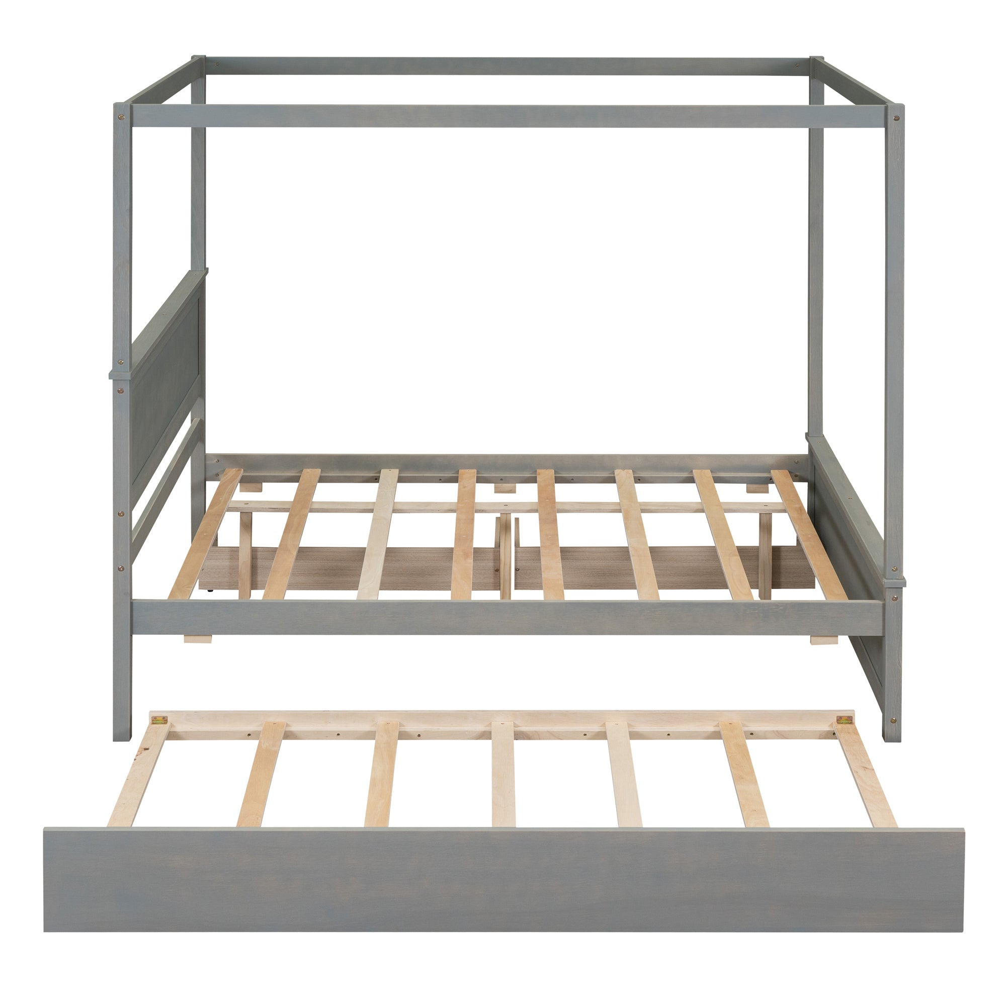 Wood Canopy Bed with Trundle Bed and two Drawers ,Full Size Canopy Platform bed With Support Slats .No Box Spring Needed, Brushed Gray - Atlantic Fine Furniture Melbourne FL