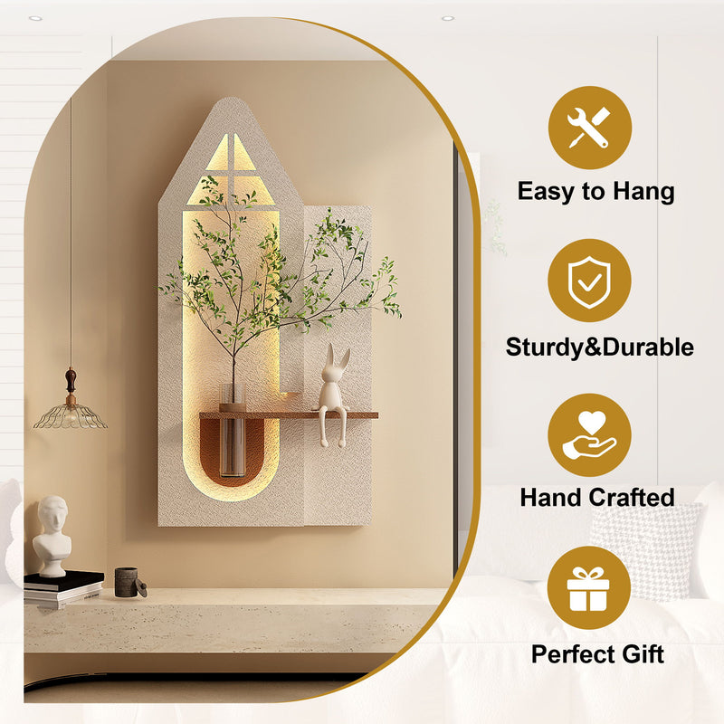 Adjustable 3 Color LED Sandstone Wall Decor With Simulated Plants, Glass Vase & Rabbit Statue - Light Coffee