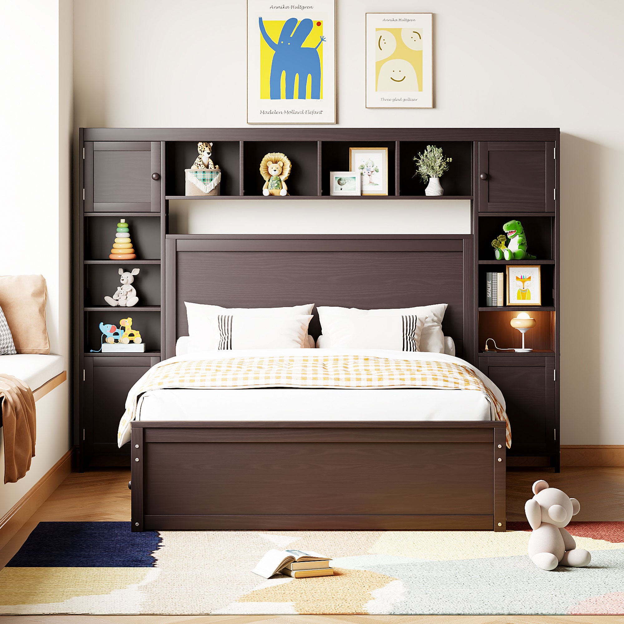 Full Size Wooden Bed With All-in-One Cabinet, Shelf and Sockets, Espresso - Atlantic Fine Furniture Melbourne FL