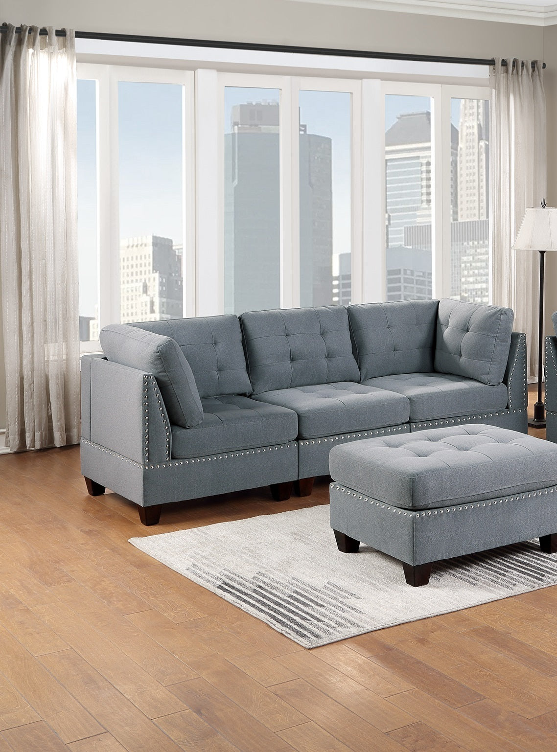 Modular Sofa Set 6pc Set Living Room Furniture Sofa Loveseat Tufted Couch Nail heads Gray Linen Like Fabric 4x Corner Wedge 1x Armless Chair and 1x Ottoman