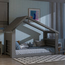 Twin House Floor Bed with Roof Window, LED Light,Grey