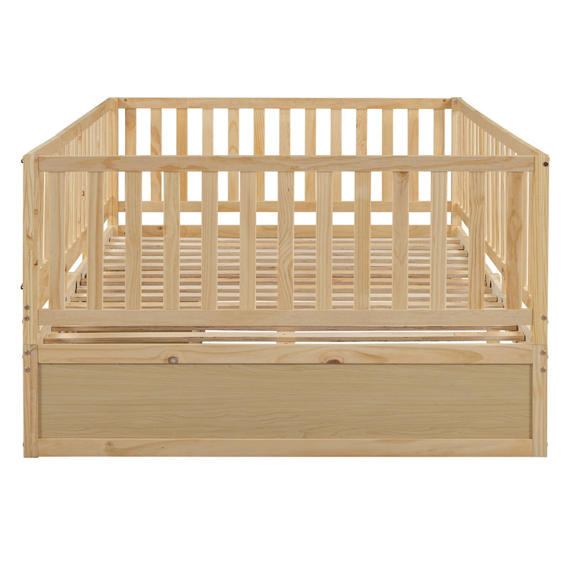 Daybed With Fence Guardrails And 2 Drawers, Split Into Independent Floor Bed & Daybed