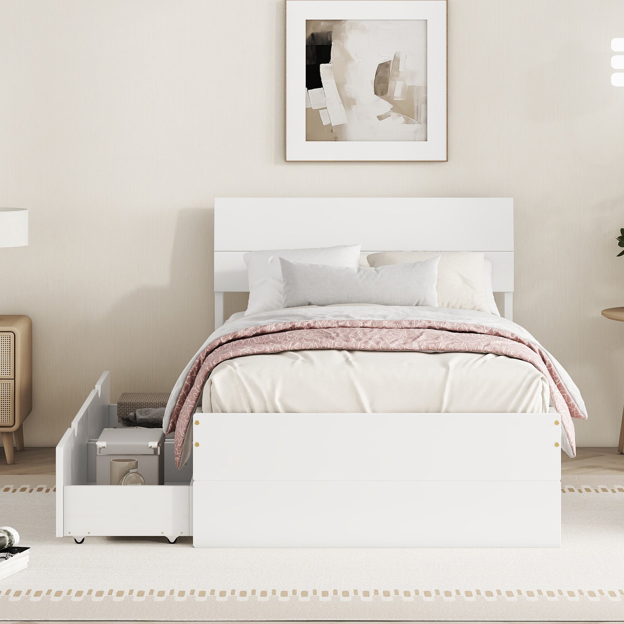 Modern Twin Bed Frame With 2 Drawers For White High Gloss Headboard and Footboard With Washed White Color