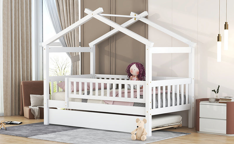 Twin Size Wooden House Bed with Twin Size Trundle, White