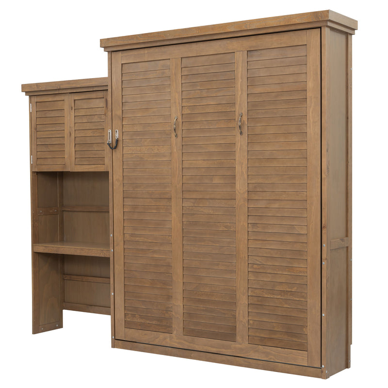 Queen Size Murphy Bed With Louvered Design And Multiple Storage Shelves - Wood