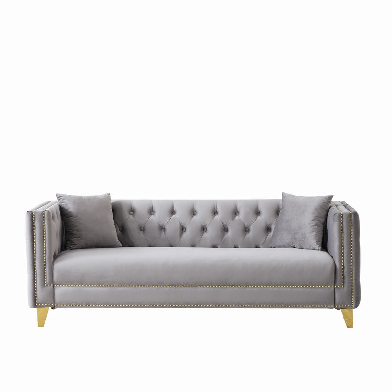 3 And 3 Seater Deep Seat Sofa With Button Nailhead And Square Arm Design - Gray