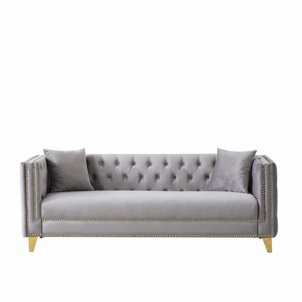 3 Seater Deep Seat Sofa, Sofa With Button Nailhead, Square Arm Couches, Furniture For Living Room - Gray