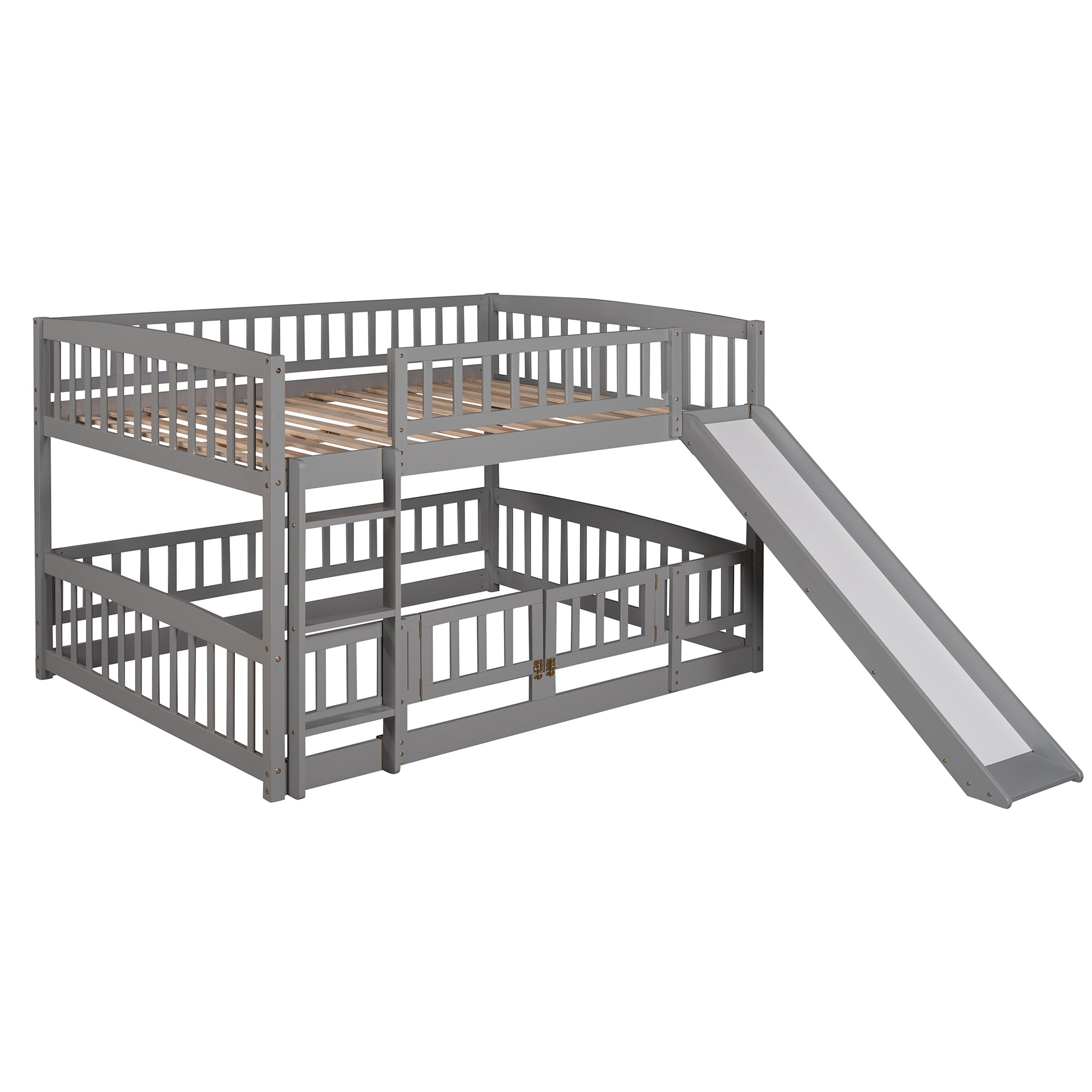 Bunk Bed with Slide,Full Over Full Low Bunk Bed with Fence and Ladder for Toddler Kids Teens Gray - Atlantic Fine Furniture Melbourne FL