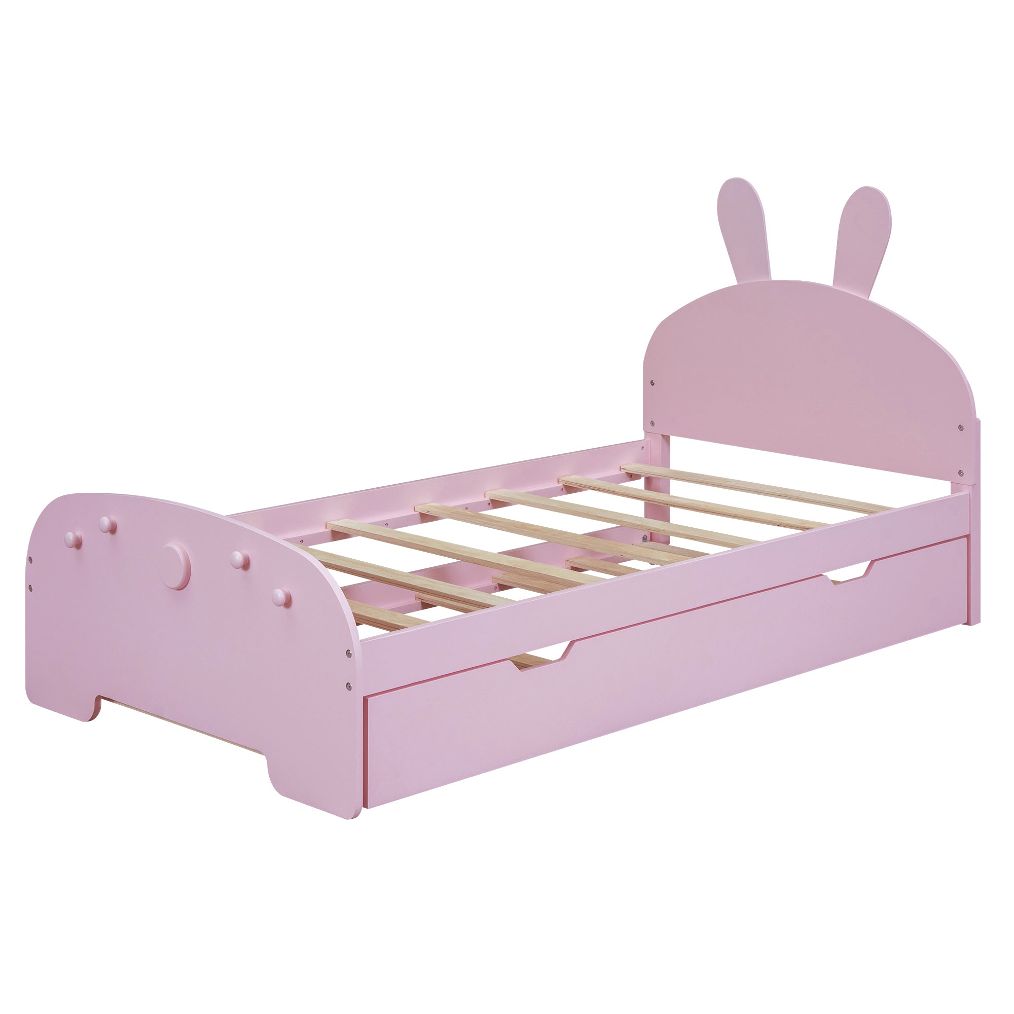 Wood Twin Size Platform Bed with Cartoon Ears Shaped Headboard and Trundle, Pink - Atlantic Fine Furniture Melbourne FL