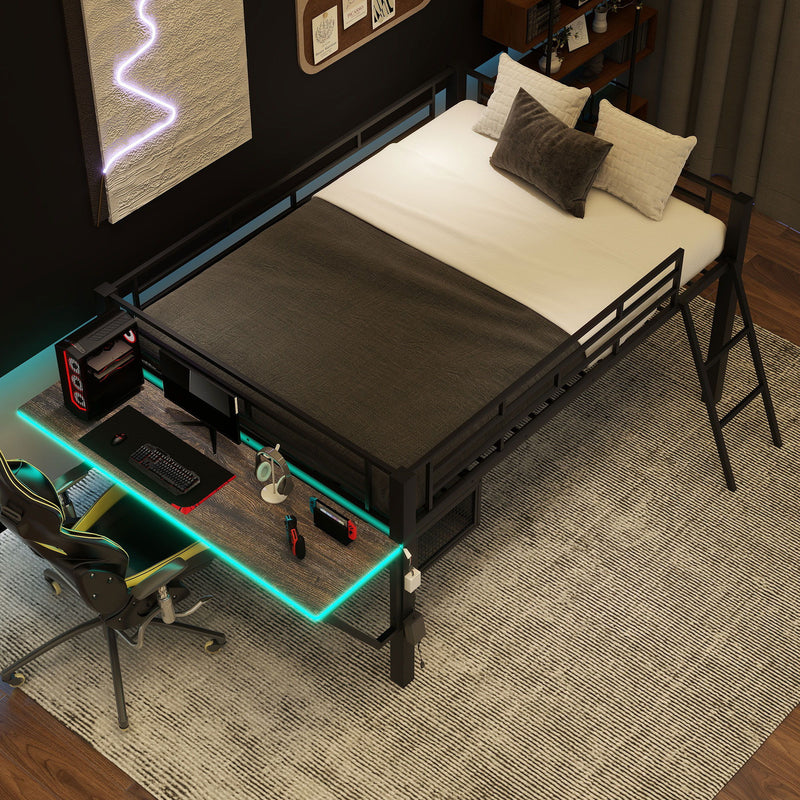 Modern Gaming Mid Loft Bed With Desk And LED Lights