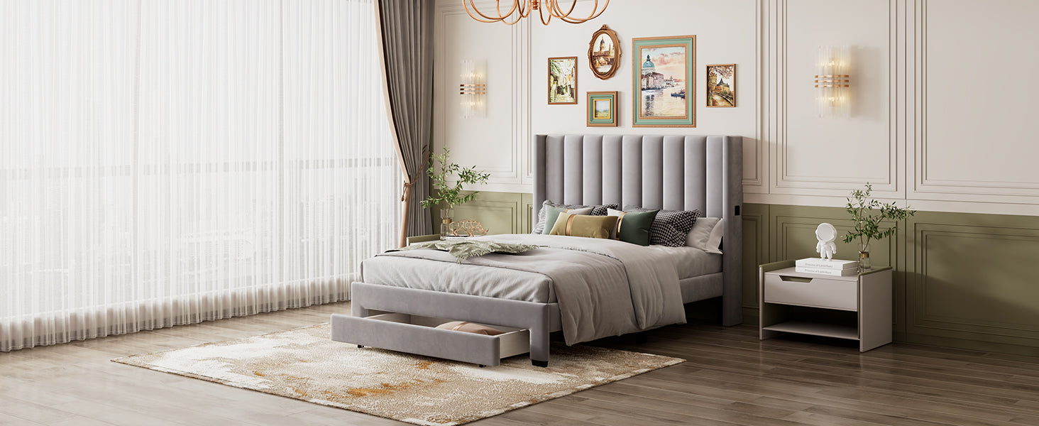 Queen Size Storage Bed Velvet Upholstered Platform Bed with a Big Drawer - Gray - Atlantic Fine Furniture Melbourne FL