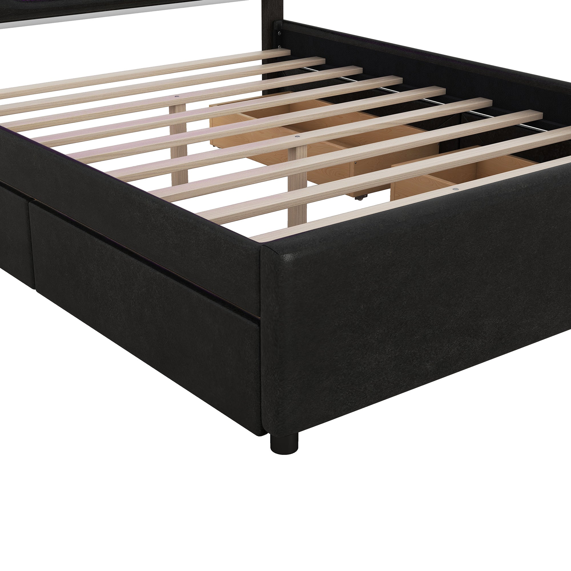 Queen Size Upholstered Storage Platform Bed with LED, 4 Drawers and USB Charging, Black - Atlantic Fine Furniture Melbourne FL