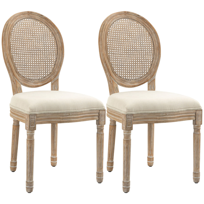 Homcom - French Style Upholstered Dining Chair Set, Armless Accent Side Chairs With Rattan Backrest And Linen-Touch Upholstery (Set of 2) - Cream White