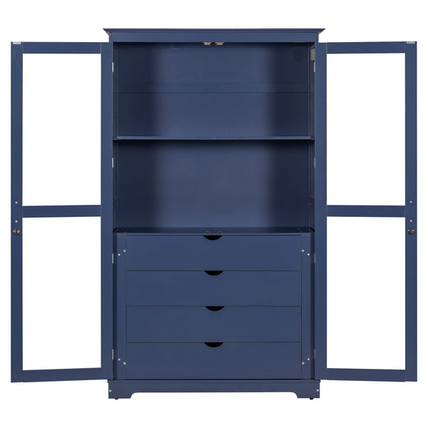 Kitchen Pantry, Freestanding Kitchen Storage Cabinet Display Cabinet With Glass Doors And 4 Built In Drawers For Living Room, Home Office - Blue
