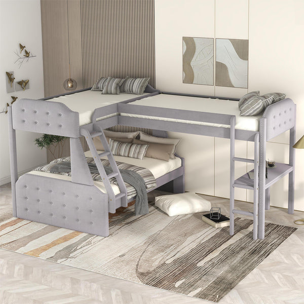 L-Shaped Twin over Full Bunk Bed and Twin Size Loft Bed with Desk,Grey