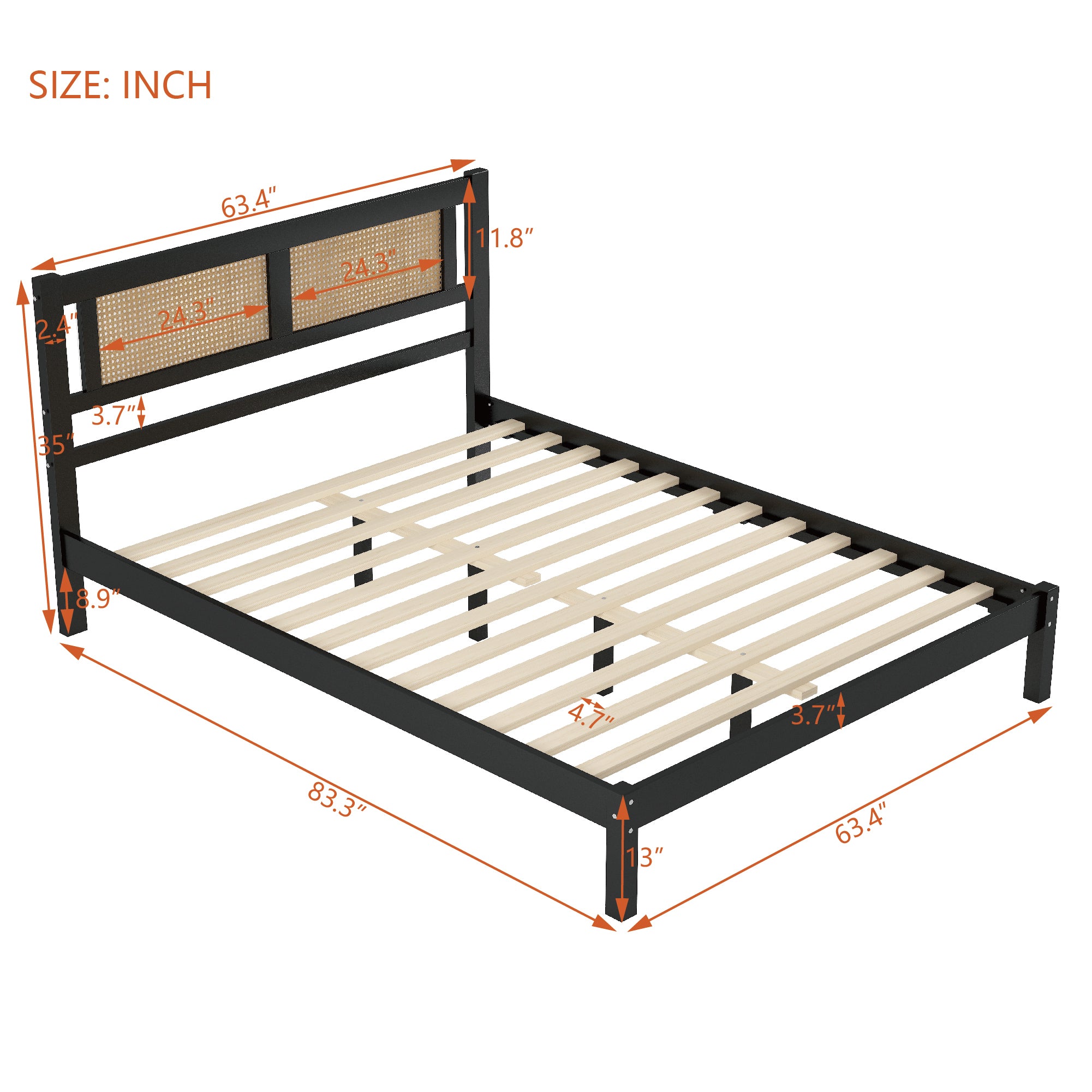 Queen Size Wooden Platform Bed with Natural Rattan Headboard, Exquisite Elegance with Minimalist Charm for Bedroom, Black - Atlantic Fine Furniture Melbourne FL