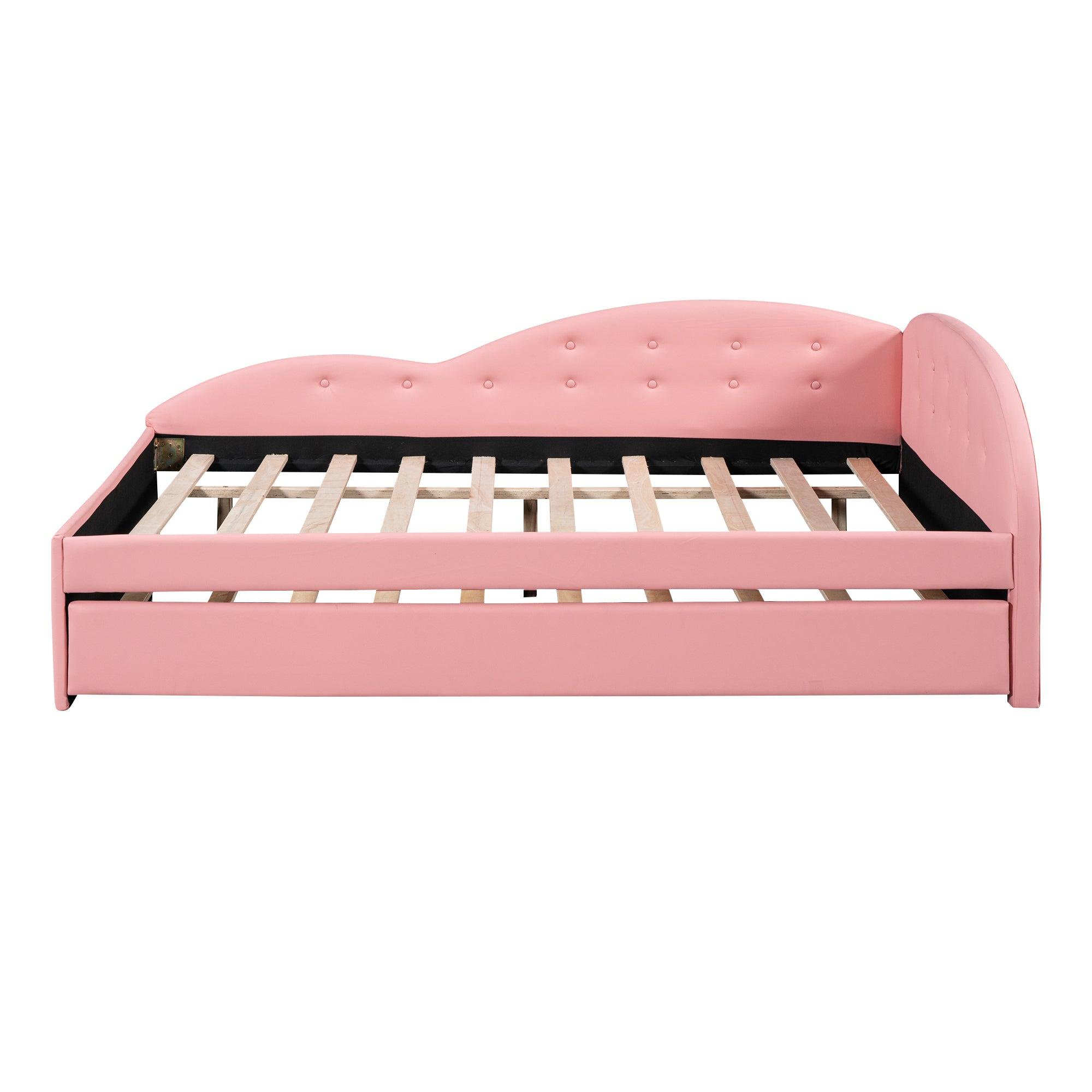 Full Size PU Upholstered Tufted Daybed with Trundle and Cloud Shaped Guardrail, Pink - Atlantic Fine Furniture Melbourne FL