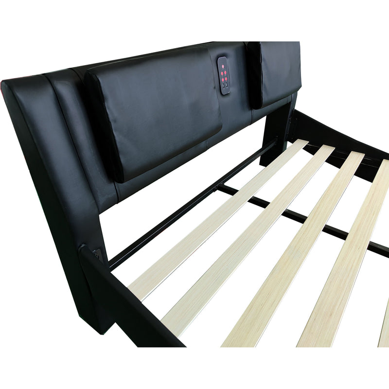 Upholstered Platform Bed Frame With LED Lighting, Bluetooth Connection To Play Music Control, Backrest Vibration Massage, Curve Design, Wood Slat Support