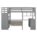 Full Over Twin Bunk Bed with Desk, Drawers and Shelves, Gray