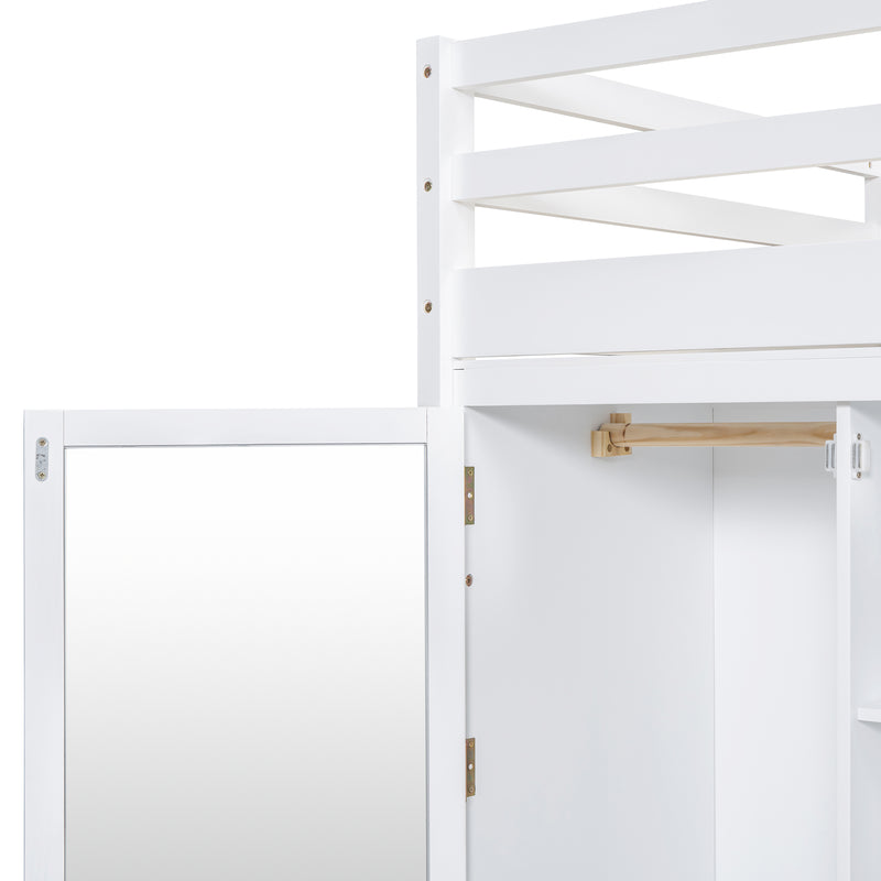 Twin size Loft Bed with Drawer, Two Wardrobes and Mirror, White