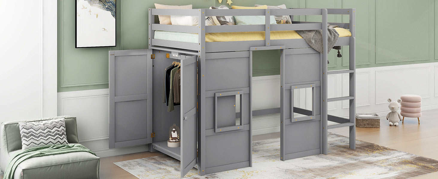 Wood Twin Size Loft Bed with Built-in Storage Wardrobe and 2 Windows, Gray - Atlantic Fine Furniture Melbourne FL
