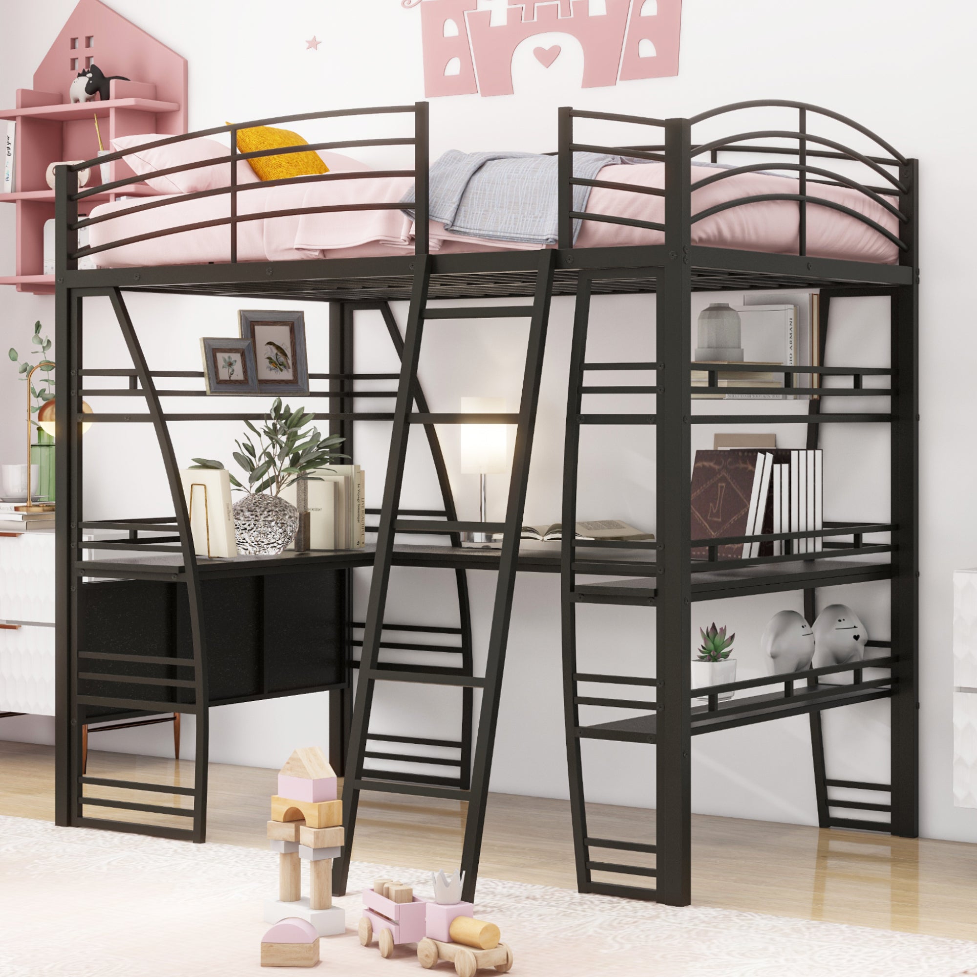 Full Size Loft Bed with 4 Layers of Shelves and L-shaped Desk, Stylish Metal Frame Bed with a set of Sockets, USB Ports and Wireless Charging, Black - Atlantic Fine Furniture Melbourne FL