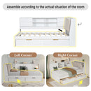 L-Shaped Daybed Corner Bed Under Bed Drawers With Storage Bookcase And Upholstered Headboard And USB Charging Ports