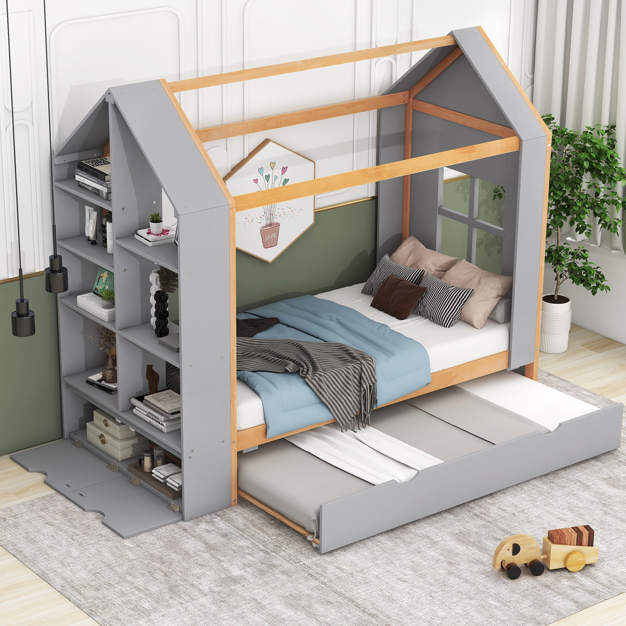 Twin Size House Platform Bed with Storage Shelves and Twin Size Trundle, Grey - Atlantic Fine Furniture Melbourne FL