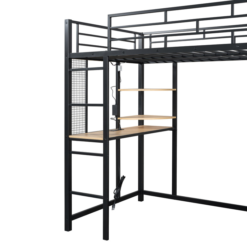 Loft Bed With Desk, Shelves, Power Outlet, LED Light And Wardrobe
