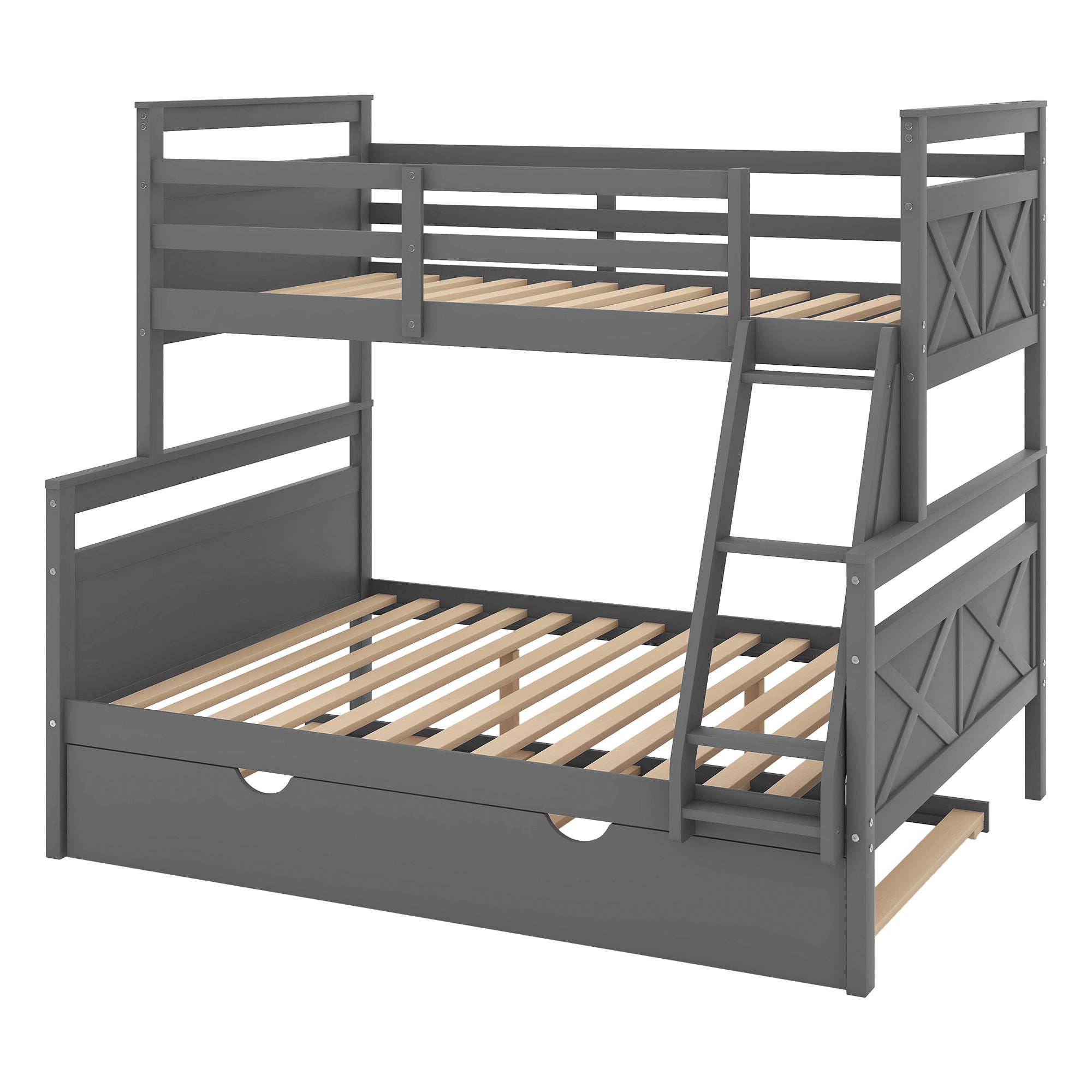 Twin over Full Bunk Bed with Ladder, Twin Size Trundle, Safety Guardrail, Gray - Atlantic Fine Furniture Melbourne FL