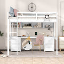 Full Size Loft Bed With Desk, Cabinets, Drawers, Charging Station And Bedside Tray, Sturdy Frame, No Box Spring Required - White