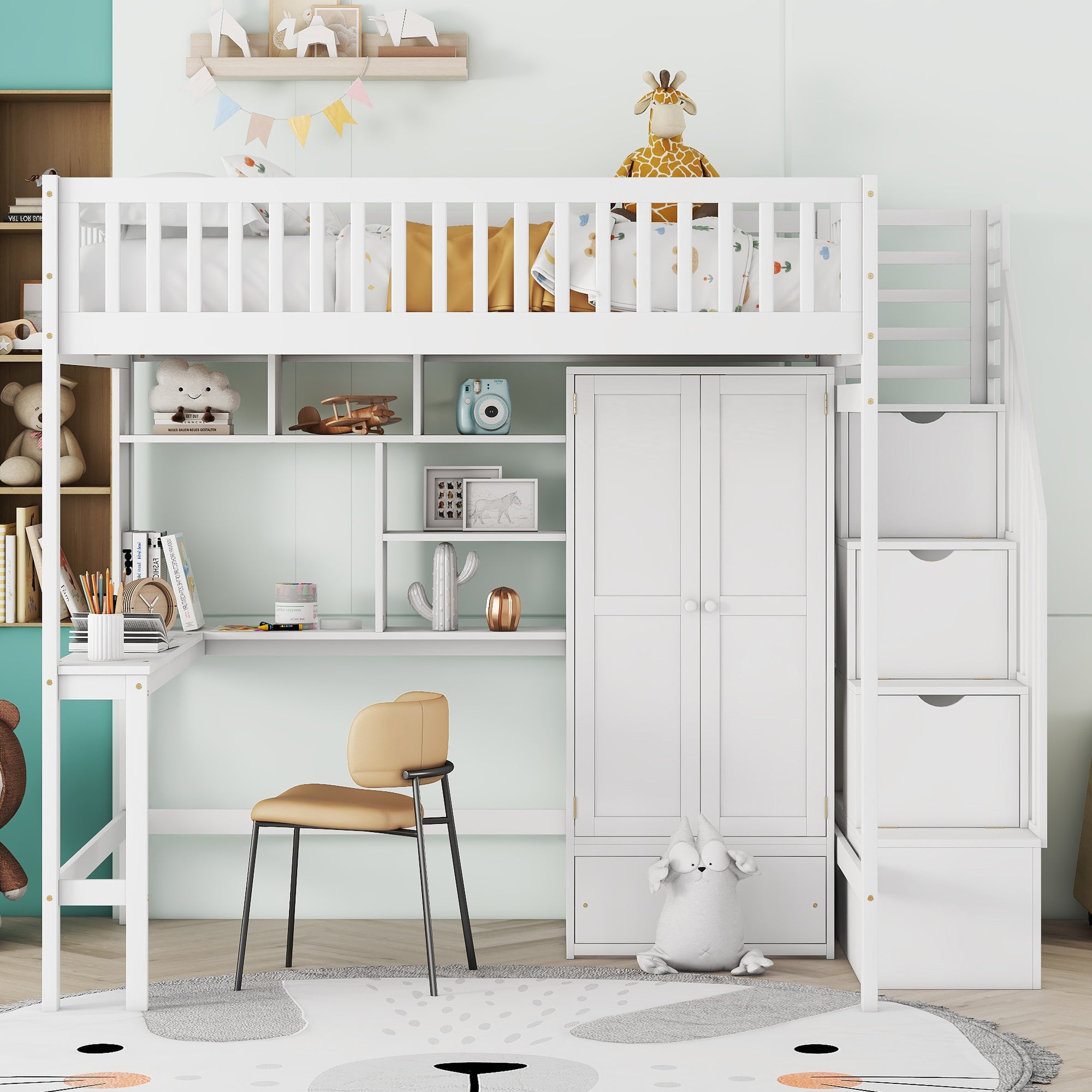 Full size Loft Bed with Bookshelf,Drawers,Desk,and Wardrobe-White - Atlantic Fine Furniture Melbourne FL