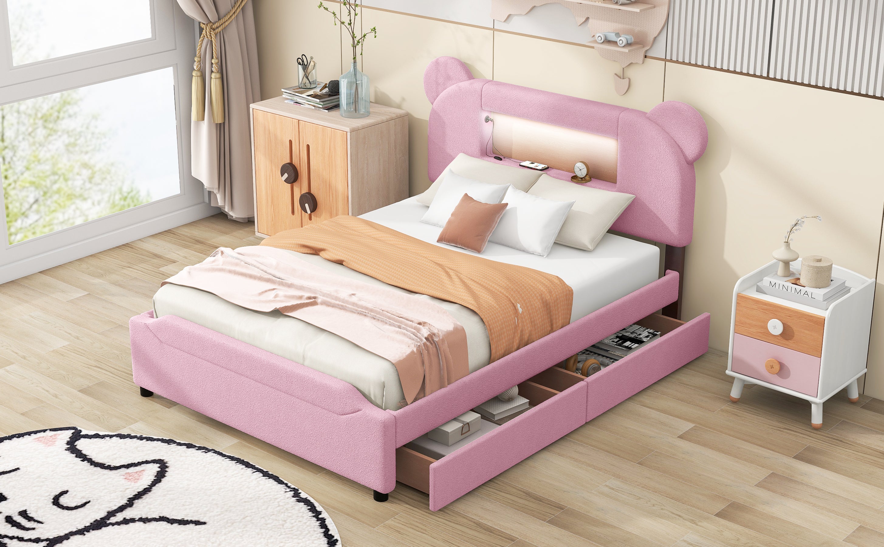Full Size Upholstered Storage Platform Bed with Cartoon Ears Headboard, LED and USB, Pink - Atlantic Fine Furniture Melbourne FL