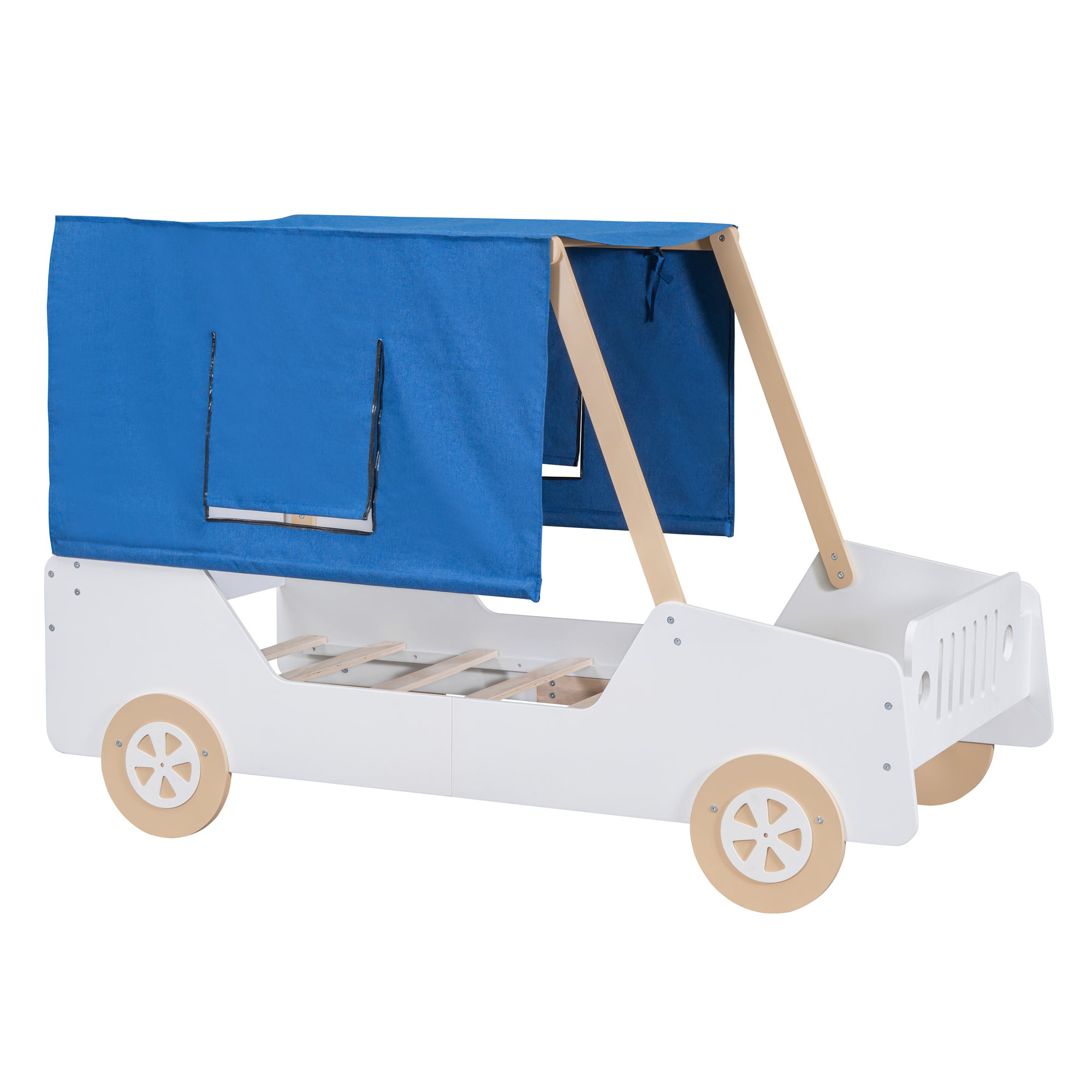 Twin Size Car Shaped Bed with Tents,White+Natural - Atlantic Fine Furniture Melbourne FL