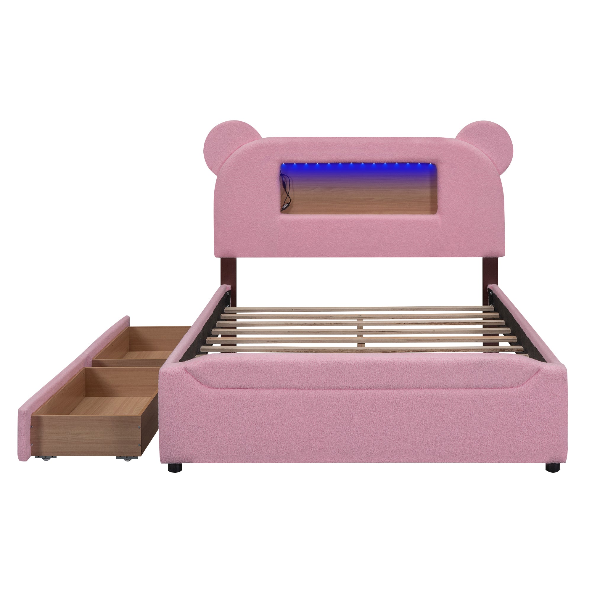 Full Size Upholstered Storage Platform Bed with Cartoon Ears Headboard, LED and USB, Pink - Atlantic Fine Furniture Melbourne FL