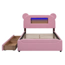 Full Size Upholstered Storage Platform Bed with Cartoon Ears Headboard, LED and USB, Pink
