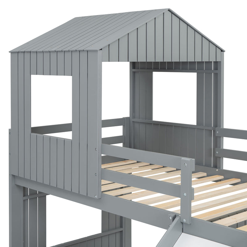 Loft Bunk Bed With Playhouse, Farmhouse, Ladder, Slide And Guardrails