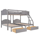 Full Over Twin & Twin Bunk Bed, Velvet Triple Bunk Bed with Drawers and Guardrails, Gray