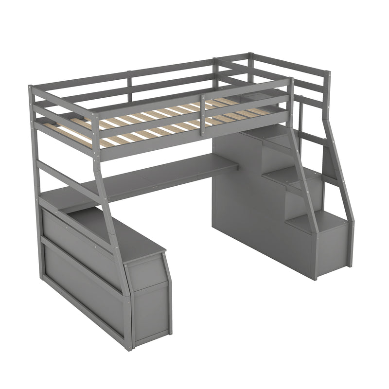 Twin Size Loft Bed with 7 Drawers 2 Shelves and Desk - Gray