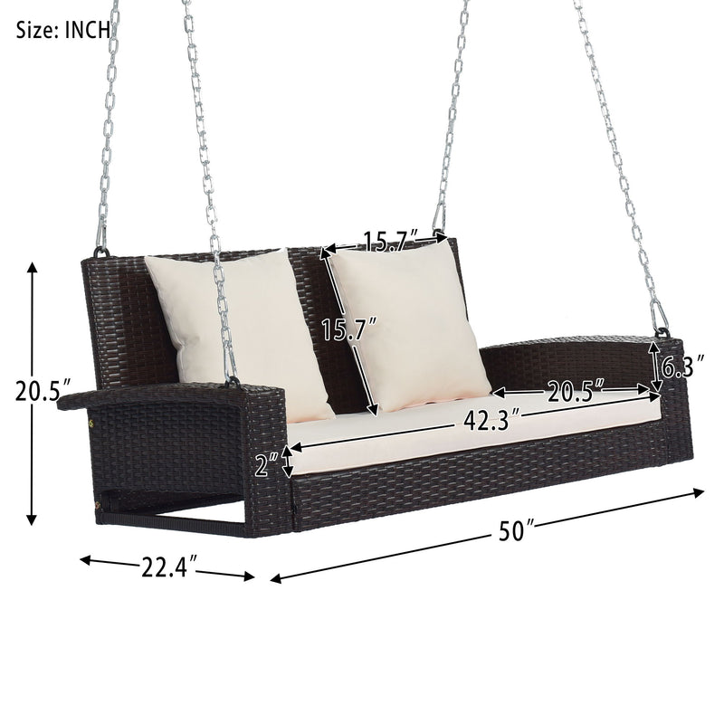 2 Person Wicker Hanging Porch Swing With Chains, Cushion, Pillow, Rattan Swing Bench For Garden, Backyard