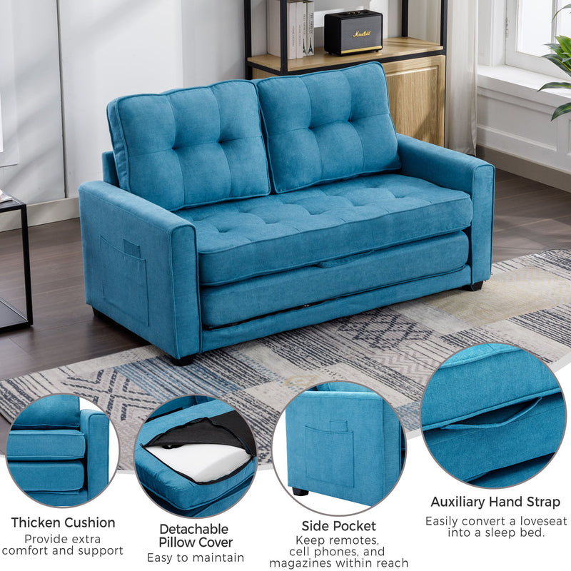 Loveseat Sofa With Pull-Out Bed Modern Upholstered Couch With Side Pocket For Living Room Office