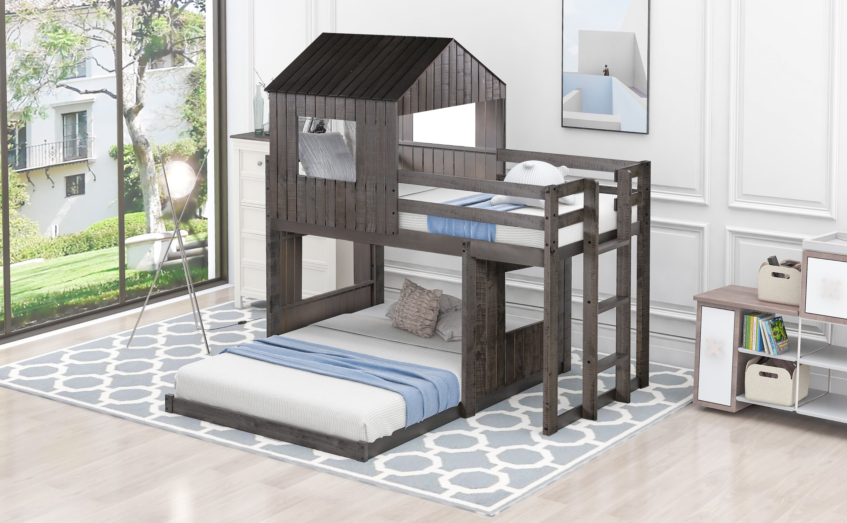 Wooden Twin Over Full Bunk Bed, Loft Bed with Playhouse, Farmhouse, Ladder and Guardrails , Antique Gray( old sku: LT000027AAE ) - Atlantic Fine Furniture Melbourne FL