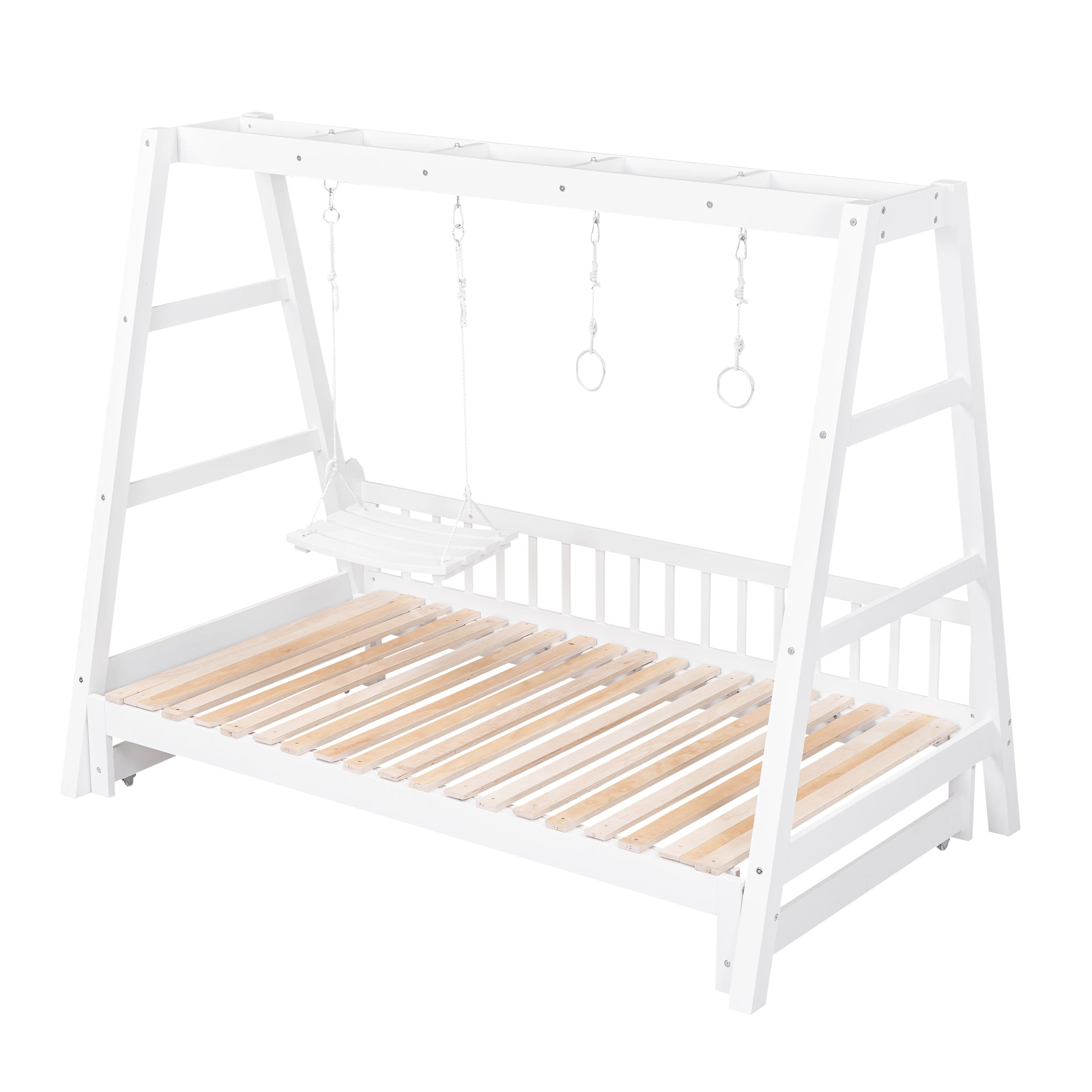Extendable Twin Daybed with Swing and Ring Handles, White(Twin bed can be pulled out to be King) - Atlantic Fine Furniture Melbourne FL