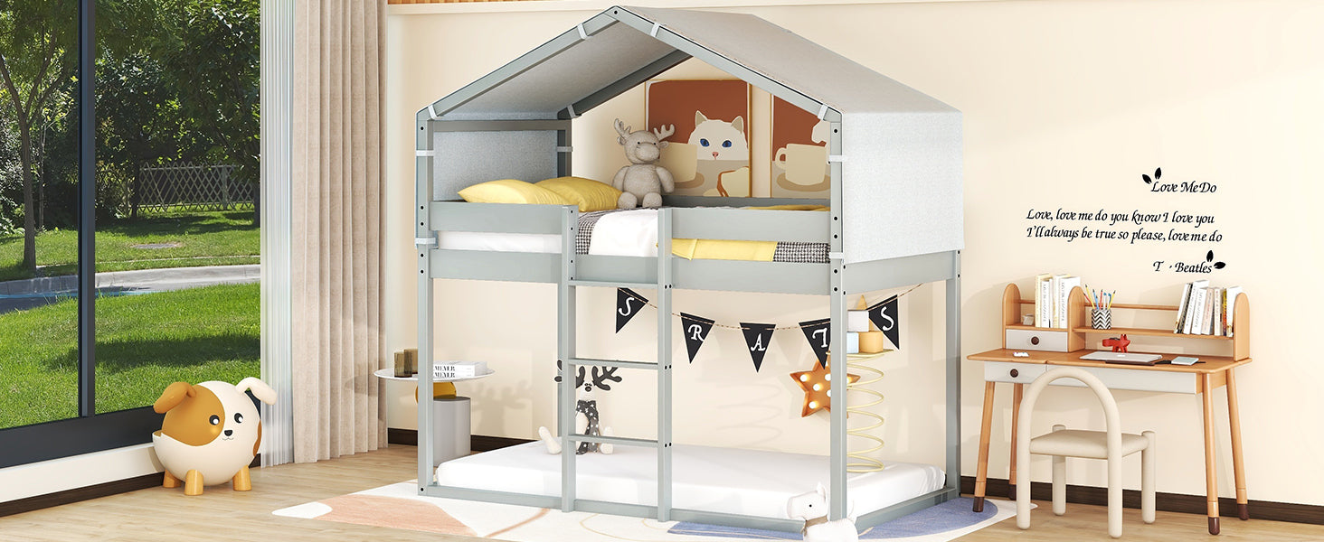 Twin Over Twin Bunk Bed Wood Bed with Tent, Gray - Atlantic Fine Furniture Melbourne FL