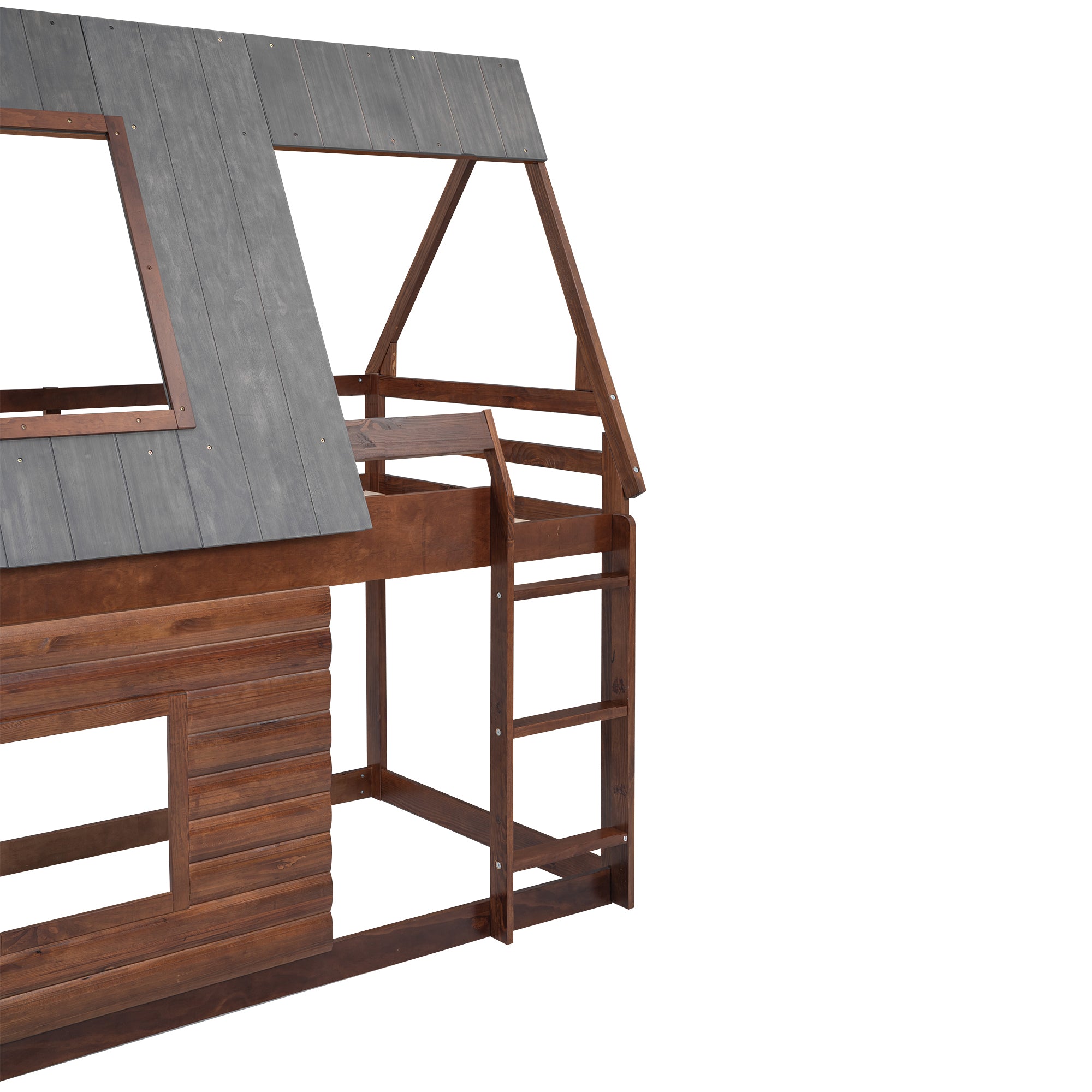 Wood Twin Size House Bunk Bed with Roof, Ladder and 2 Windows, Oak & Smoky Grey - Atlantic Fine Furniture Melbourne FL