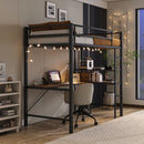 Space Saving Twin Size Loft Bed With L Shaped Desk, Shelves, Charging Station, Led Lights - Brown