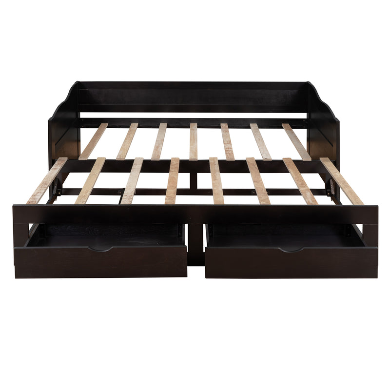 Wooden Daybed with Trundle Bed and Two Storage Drawers , Extendable Bed Daybed,Sofa Bed with Two Drawers, Espresso