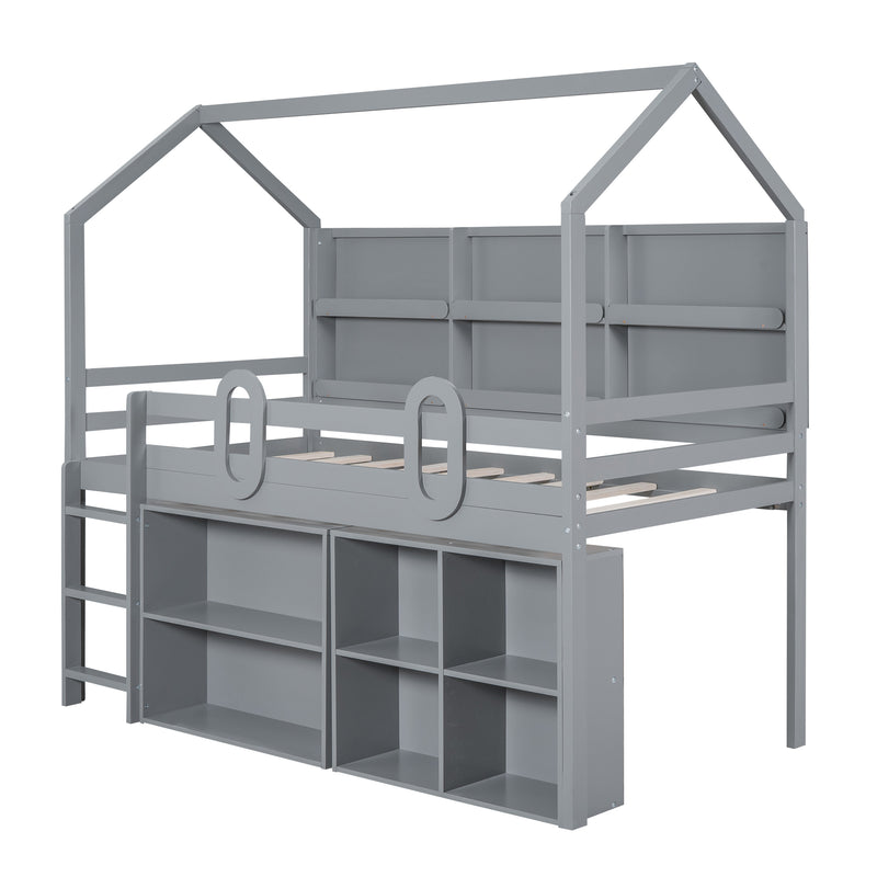 Twin Size House Loft Bed with Multiple Storage Shelves, Grey