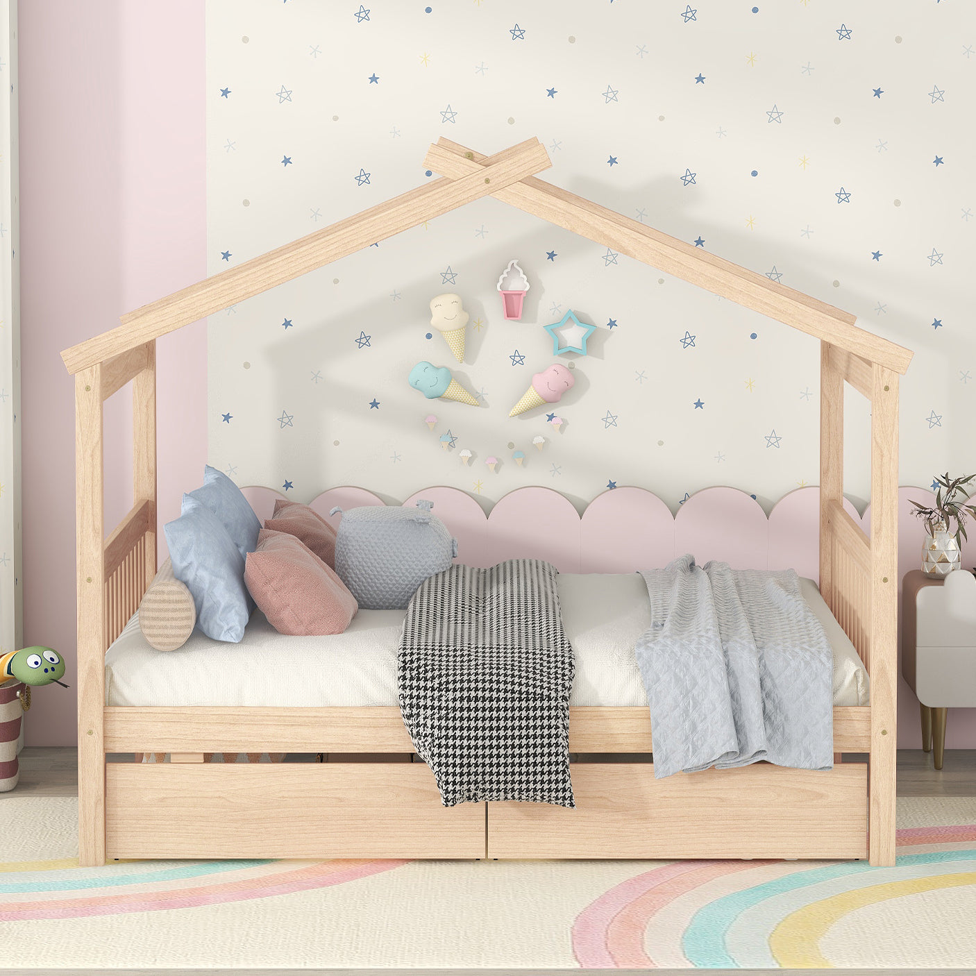 Full Size Wooden House Bed with Drawers, Natural - Atlantic Fine Furniture Melbourne FL